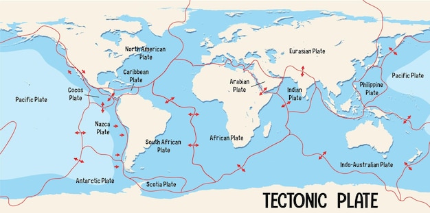 Bezpłatny wektor mapa świata przedstawiająca granice płyt tektonicznych