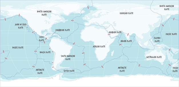 Bezpłatny wektor mapa świata przedstawiająca granice płyt tektonicznych