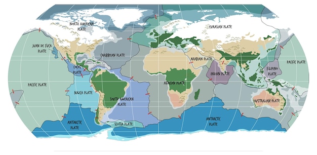 Bezpłatny wektor mapa świata przedstawiająca granice płyt tektonicznych