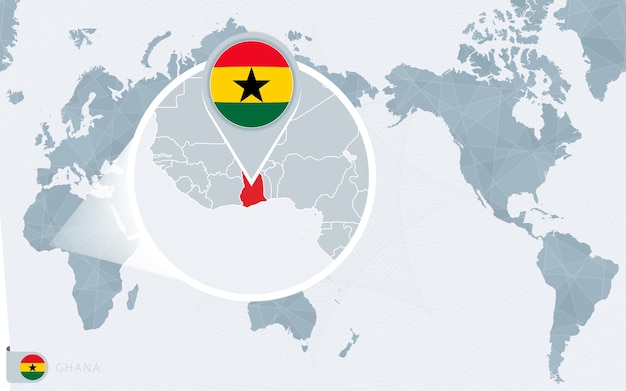 Mapa świata wyśrodkowanego na pacyfiku z powiększoną ghaną. flaga i mapa ghany.