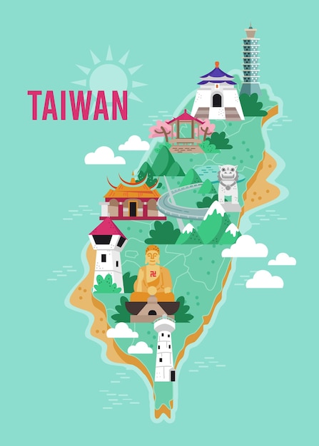 Mapa Tajwanu Z Ilustracjami Atrakcji