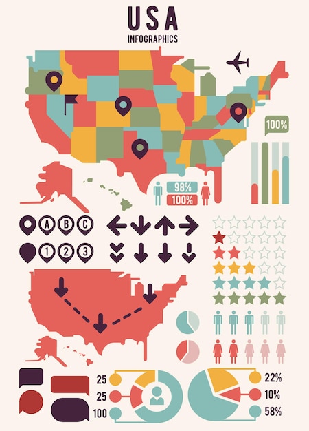 Bezpłatny wektor mapa usa w stany zjednoczone ameryki z elementami infografiki