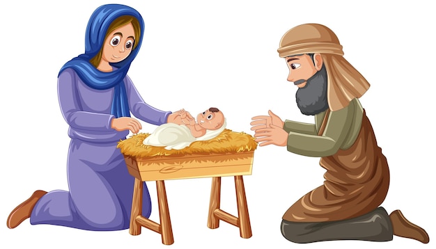 Bezpłatny wektor maryja rodząca jezusa z józefem u jej boku