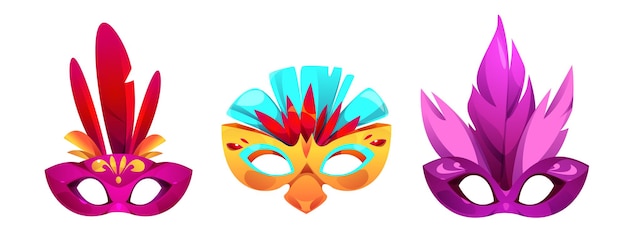 Bezpłatny wektor maski karnawałowe na maskaradę lub festiwal mardi gras zestaw wektorowy kostiumów z piórami i dekoracjami tradycyjny element kamuflażu teatralny lub rozrywkowy