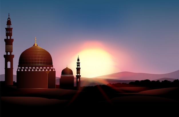 Bezpłatny wektor meczet na polu o zachodzie słońca