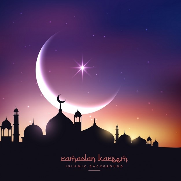 Meczet sylweta w nocnym niebie z półksiężycem i gwiazdą