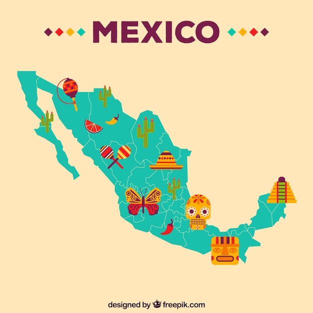 Bezpłatny wektor meksykańska mapa z elementami kultury