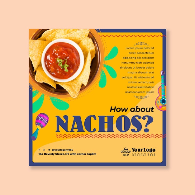 Bezpłatny wektor meksykańskie jedzenie i szablon ulotki kwadratowej nachos