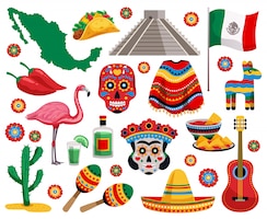 Bezpłatny wektor meksykańskie symbole narodowe kultura jedzenie instrumenty muzyczne pamiątki kolekcja kolorowych przedmiotów z sombrero z tequili tacos