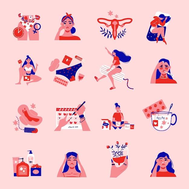 Menstruacja Pms Kobieta Kolor Zestaw Z Izolowanymi Postaciami Kobiecymi Ikony Macicy Produktów Sanitarnych I Kalendarza
