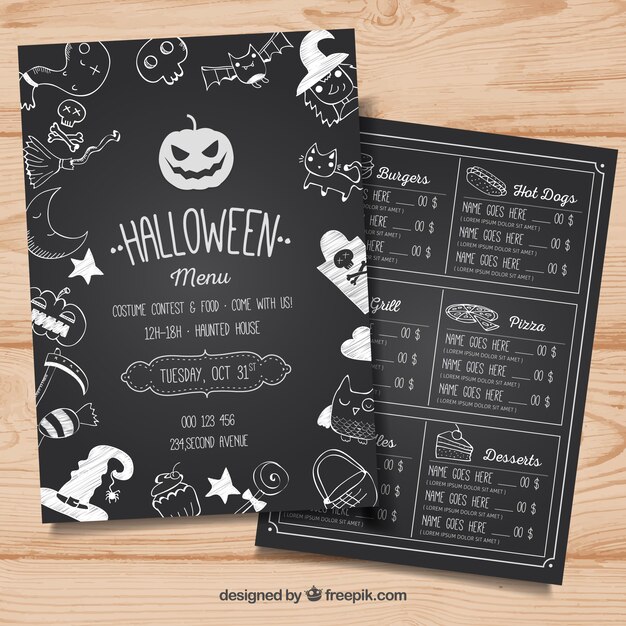 Bezpłatny wektor menu halloween ze szkicami