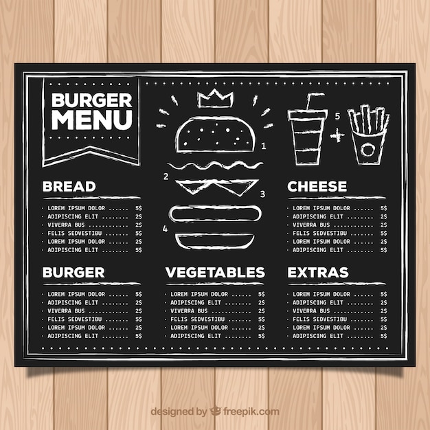 Bezpłatny wektor menu hamburger na tablicy