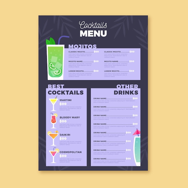 Bezpłatny wektor menu ilustracji koktajl