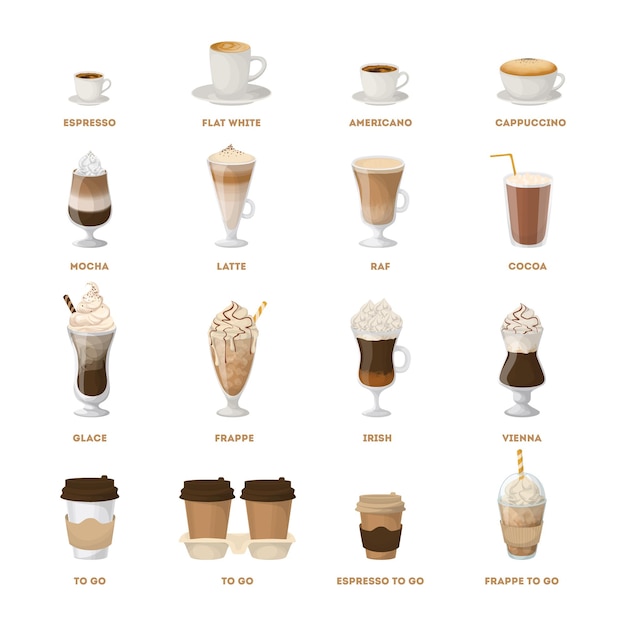 Bezpłatny wektor menu kawy ustawione na białym tle wszystkie rodzaje napojów kawowych, takich jak latte raf i nie tylko