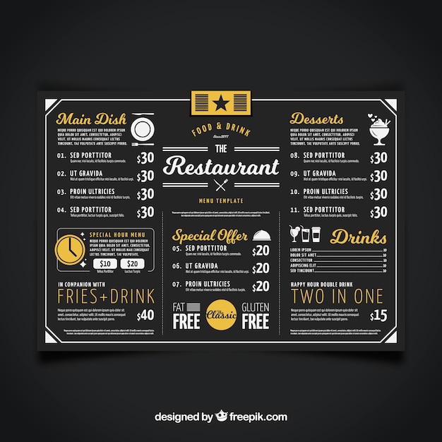 Bezpłatny wektor menu restauracji, kolor czarny