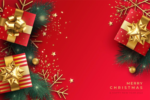 Merry Christmas Background z realistycznymi prezentami i ozdobami