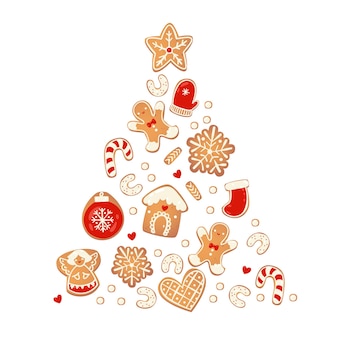 Merry christmas card z piernikowymi ciasteczkami. drzewo z ciastek. ilustracja wektorowa na projekt nowego roku.