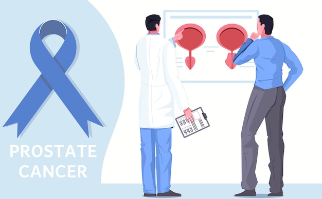 Bezpłatny wektor męska opieka zdrowotna płaska ilustracja z lekarzem i pacjentem świadomości raka prostaty z niebieską wstążką
