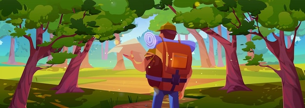 Bezpłatny wektor męski podróżnik wycieczkuje w lesie z mapą