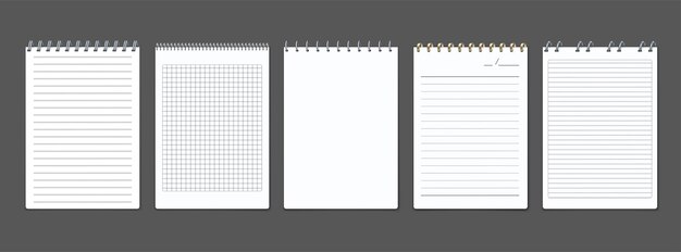Metalowe spiralne wiązki notebooki realistyczny zestaw z odizolowanymi widokami przewracających się notebooków rządzonych liniami kwadratami ilustracja wektorowa