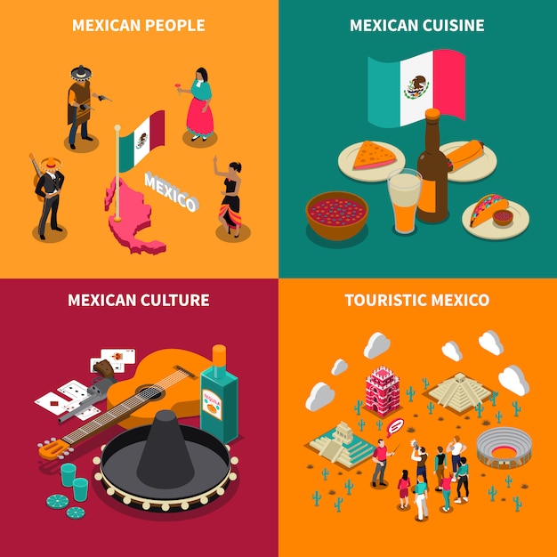 Mexico Touristic 4 Isometric Icons Square