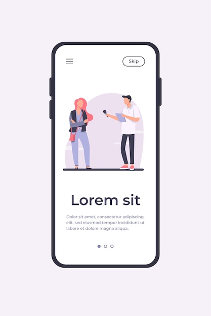 Mężczyzna Dziennikarz Przeprowadzający Wywiad Z Młodą Kobietą. Mikrofon, Pytanie, Dialog Płaski Ilustracji Wektorowych. Pokaż I Telewizyjną Koncepcję Banera, Projektu Strony Internetowej Lub Strony Docelowej