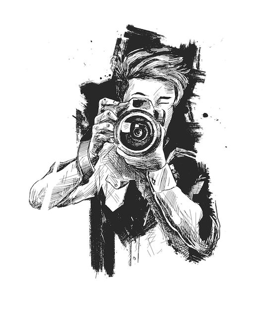 Mężczyzna fotograf z aparatem ręcznie rysowane szkic tshirt projekt