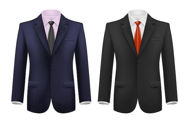 Mężczyzna garnitur realistyczny zestaw z eleganckimi krawatami i koszulami w różnych kolorach na białym tle ilustracji wektorowych