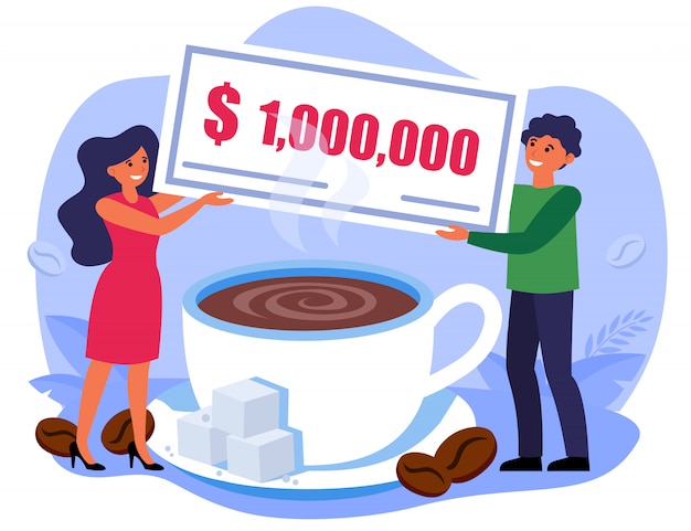 Mężczyzna I Kobieta Trzyma Milion Rachunku Nad Filiżanką Kawy