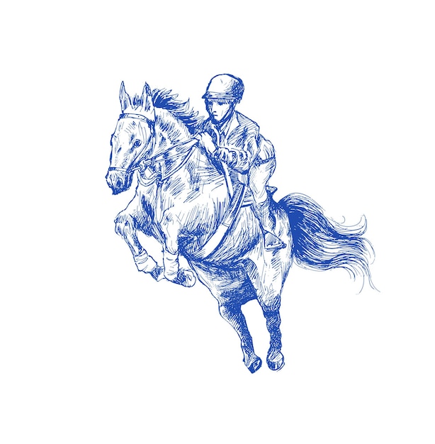 Mężczyzna jeździec na gniadym koniu przeskakującym przez przeszkodę w zawodach sportowych jeździeckich