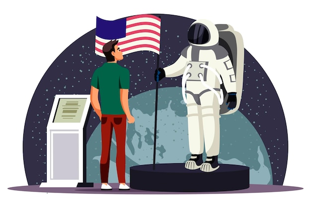 Mężczyzna ogląda stoisko w skafandrze kosmicznym astronauty w muzeum astronomii