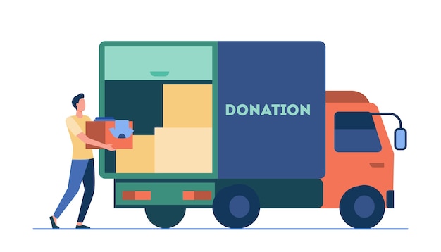 Mężczyzna przewożący pudełko z ubraniami do ciężarówki darowizn. Kurier, wolontariusz, ilustracji wektorowych płaski pojazd. Wolontariat, dobroczynność, koncepcja pomocy