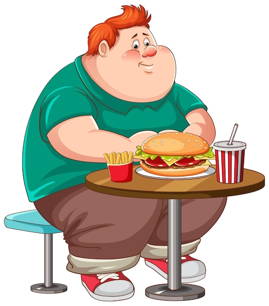 Bezpłatny wektor mężczyzna z nadwagą je fast food na stole na białym tle