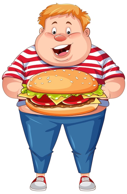 Bezpłatny wektor mężczyzna z nadwagą trzymając postać z kreskówki fast food