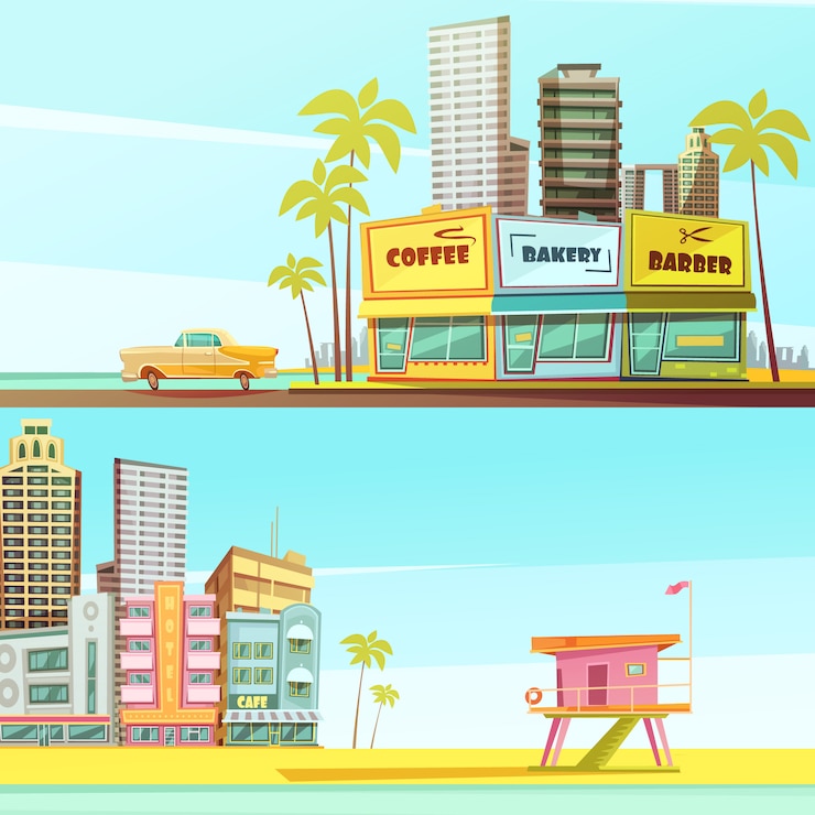 Bezpłatny plik Wektor miami plaża poziome bannery w stylu cartoon z brzegu morza fryzjer piekarnia kawiarnia kabina ratownika