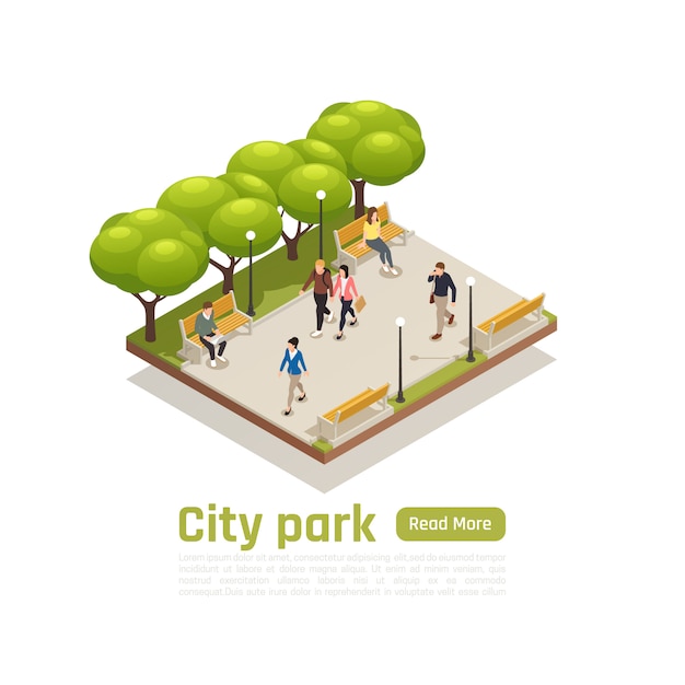 Bezpłatny wektor miasta isometric pojęcie z miasto parka nagłówkiem czyta więcej guzika i chodzący zaludnia wektorową ilustrację