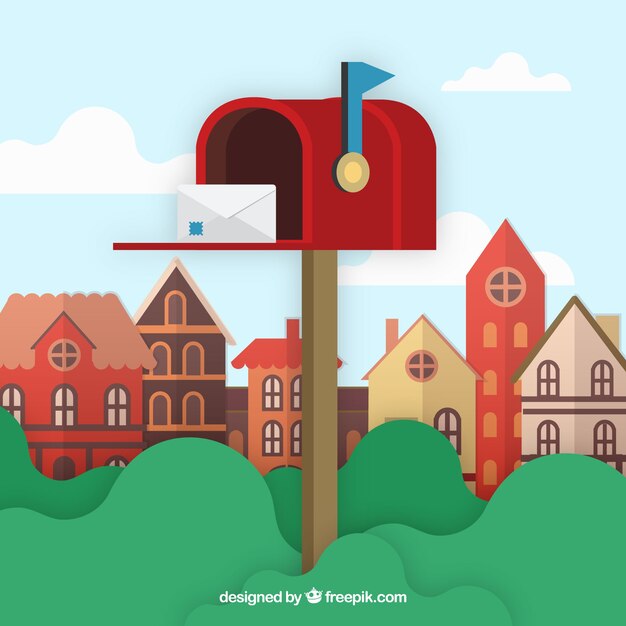 Miasto tła z czerwonym skrzynki pocztowej i koperty