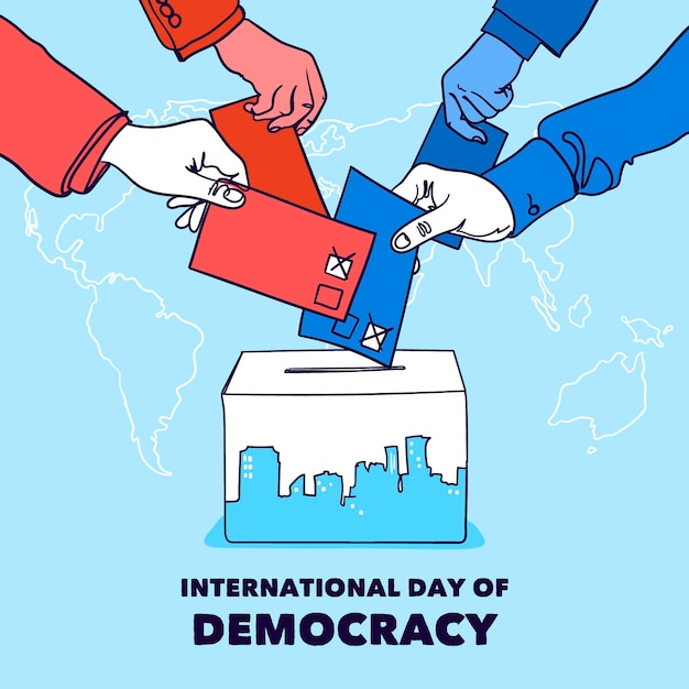 Bezpłatny wektor międzynarodowy dzień demokracji tło z rękami i urną