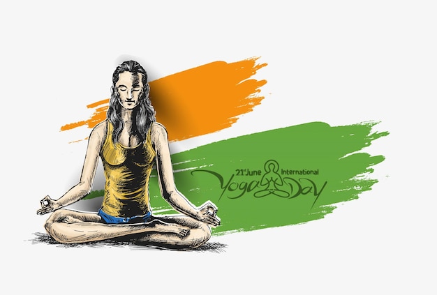 Bezpłatny wektor międzynarodowy dzień jogi młoda kobieta medytuje streszczenie post ad banner ilustracji wektorowych