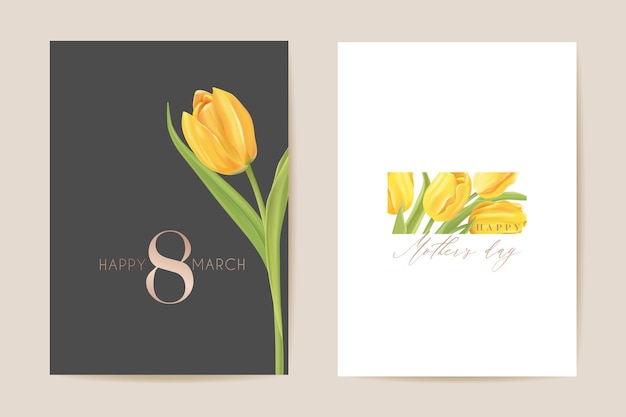 Międzynarodowy dzień kobiet powitanie. ilustracja wektorowa karta kwiatowy. realistyczne tło szablonu kwiatów tulipanów, koncepcja wiosny, plakat 8 marca, luksusowy projekt ulotki, zaproszenie na przyjęcie, baner reklamowy sprzedaży