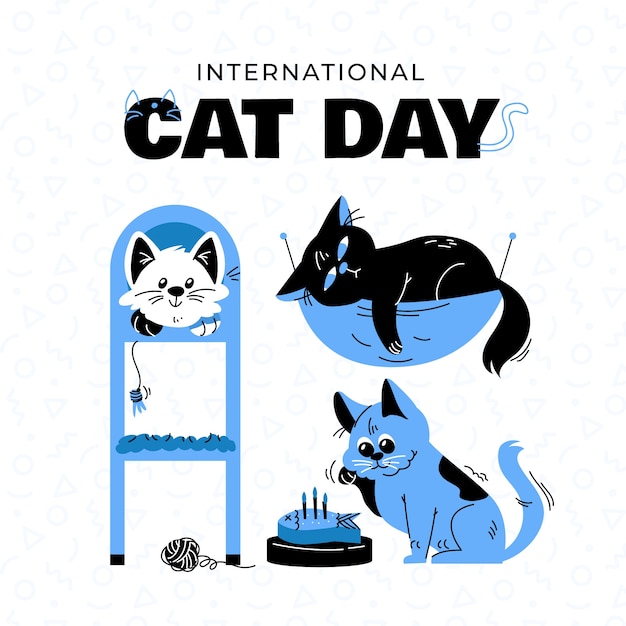 Międzynarodowy dzień kota ręcznie rysowane płaska ilustracja