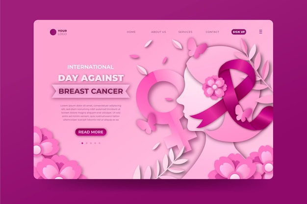 Bezpłatny wektor międzynarodowy dzień w stylu papieru przeciwko szablonowi strony docelowej raka piersi