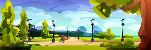 Bezpłatny wektor miejski park miejski z ławkami, zielonymi drzewami i latarniami ulicznymi