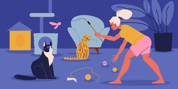Bezpłatny wektor miłośnicy kotów z symbolami zabawy i opieki płaskiej ilustracji wektorowych