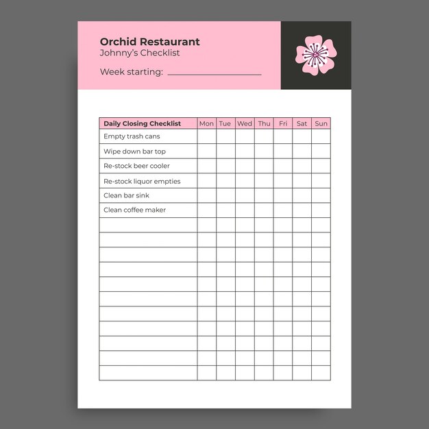Minimalistyczna lista kontrolna restauracji orchidea