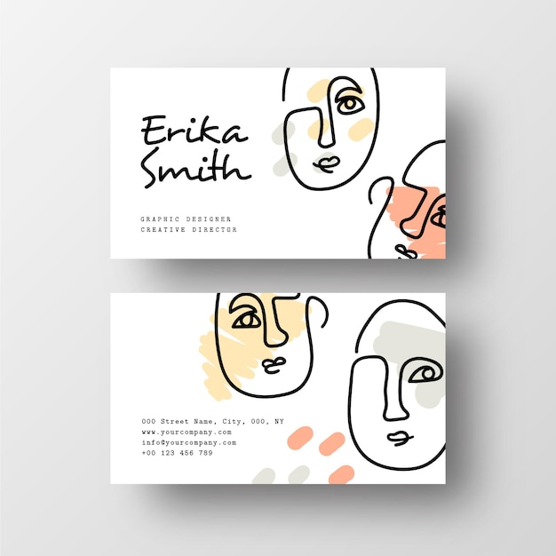 Bezpłatny wektor minimalistyczna wizytówka z jedną linią narysowanych twarzy