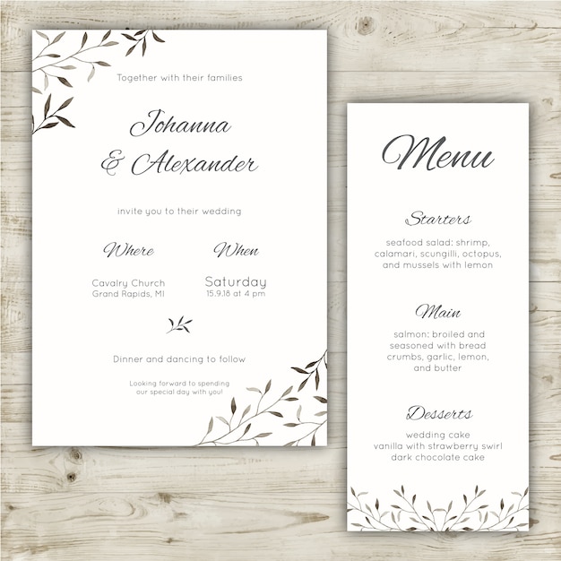 Bezpłatny wektor minimalistyczne materiały piśmiennicze weselne zestaw zaproszenie i menu