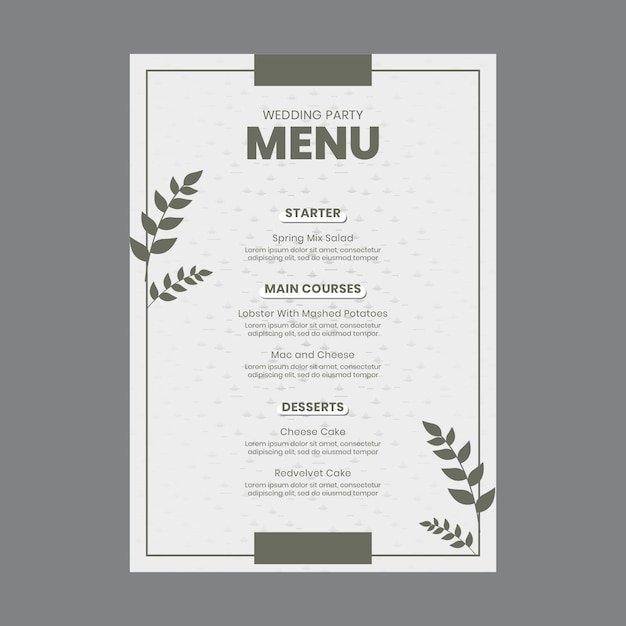 Bezpłatny wektor minimalny szablon menu weselnego