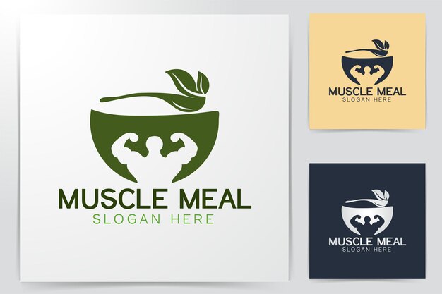 Bezpłatny wektor miska, liść, łyżka, mięśnie, zdrowa żywność wzory logo inspiracja na białym tle