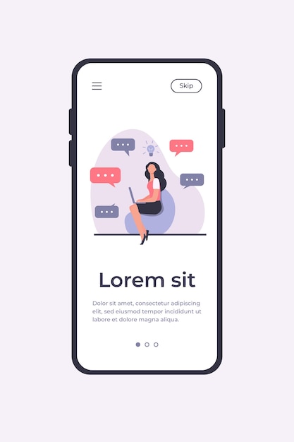 Młoda kobieta ma pomysł i używa laptopa. Komunikacja, komputer, praca płaska wektorowa ilustracja. Szablon aplikacji mobilnej koncepcji burzy mózgów i technologii cyfrowej